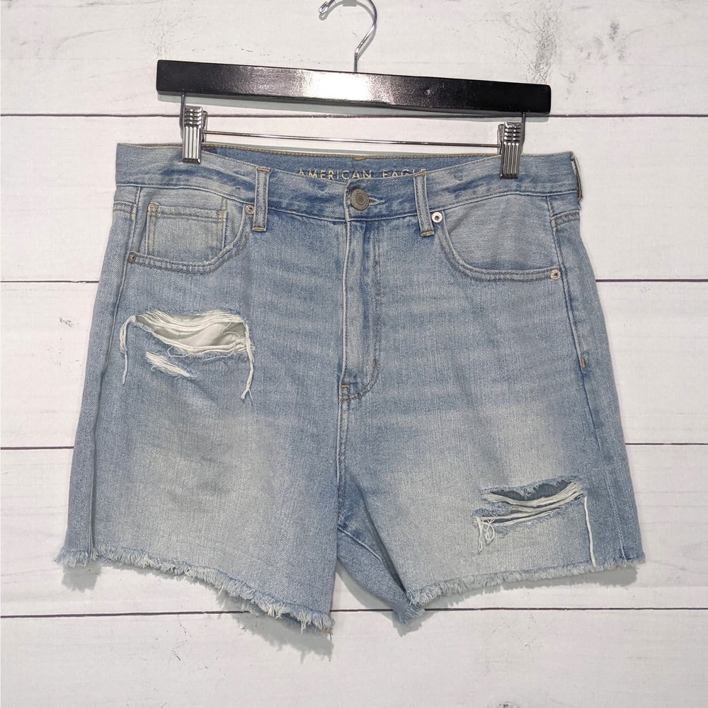 American Eagle High Rise Mid-Length Shorts Distressed Denim Blue Women's Size 10